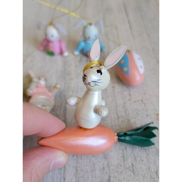 Vintage Easter‎ Bunny carrot egg wooden miniature ornament spring set - Picture 5 of 7